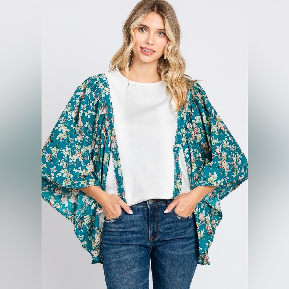 Teal Floral Kimono Sleeve Top - Women